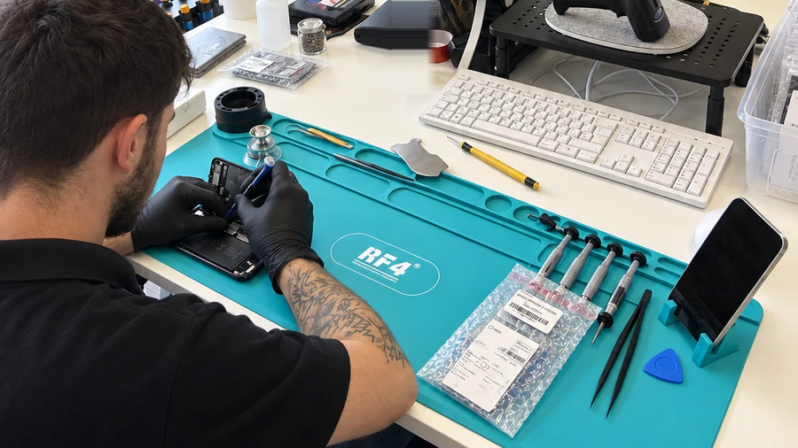 Technicien La Mobile réparant un iPhone dans l'atelier de Toulouse